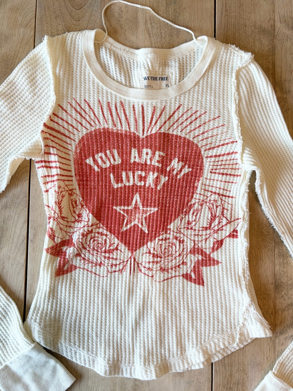 We The Free Cream Waffle Knit Long Sleeve Top with Red Heart Print - Picture 2 of 8